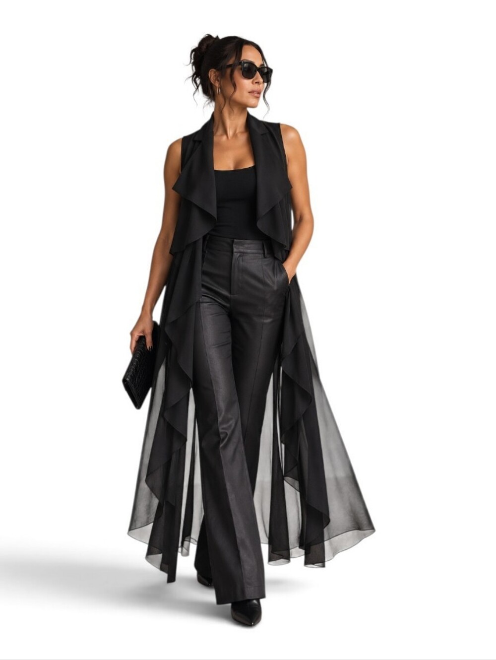 Bebe Black Convertible Chiffon Duster Vest M Detachable Sheer Maxi Waterfall